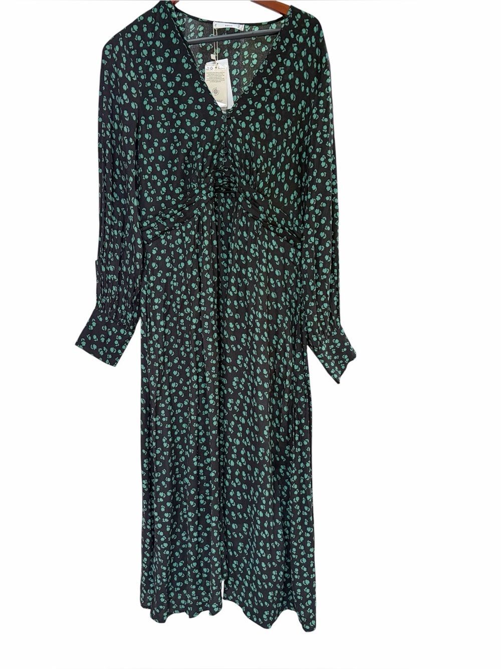 MNG Mango Black Green Floral Midi Dress Ruched Long Sleeve NWT XL